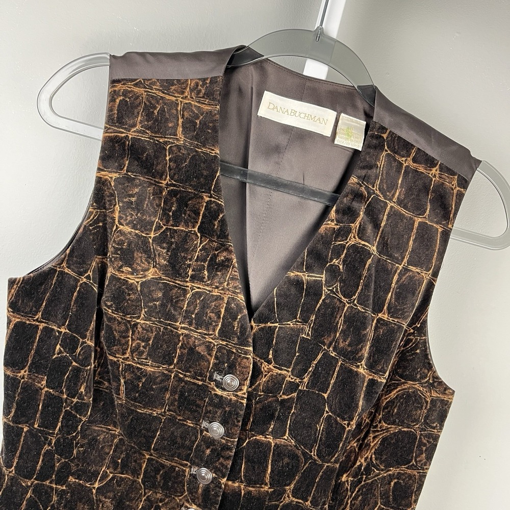Vintage Dana Buchman‎ Velvet Vest Womens 8 Brown Reptile Print Cotton Waistcoat